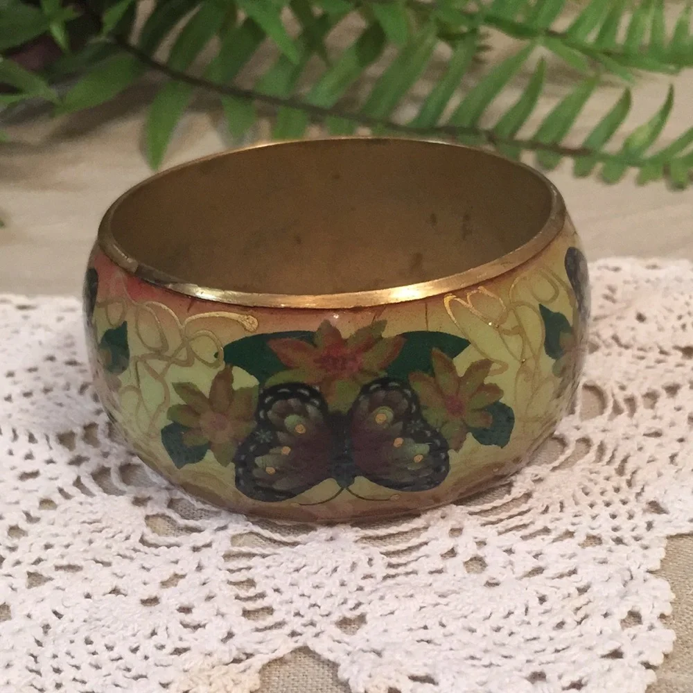 Vintage Floral And Butterfly Enameled Brass Bracelet - Picture 7 of 13